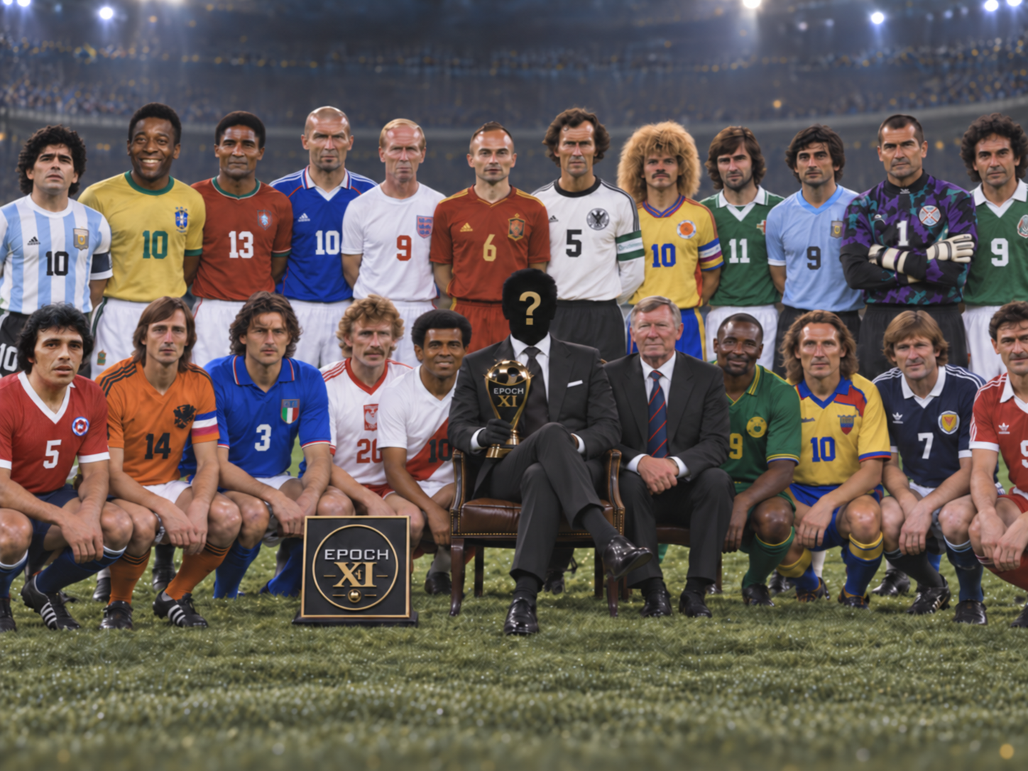 Football legends from different eras and nations gathered with a Manager in a stadium team portrait
